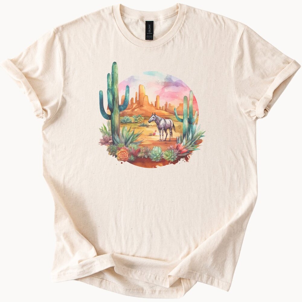 Desert Horse Graphic T Shirt Western Cactus Succulent Art Tee Southwest